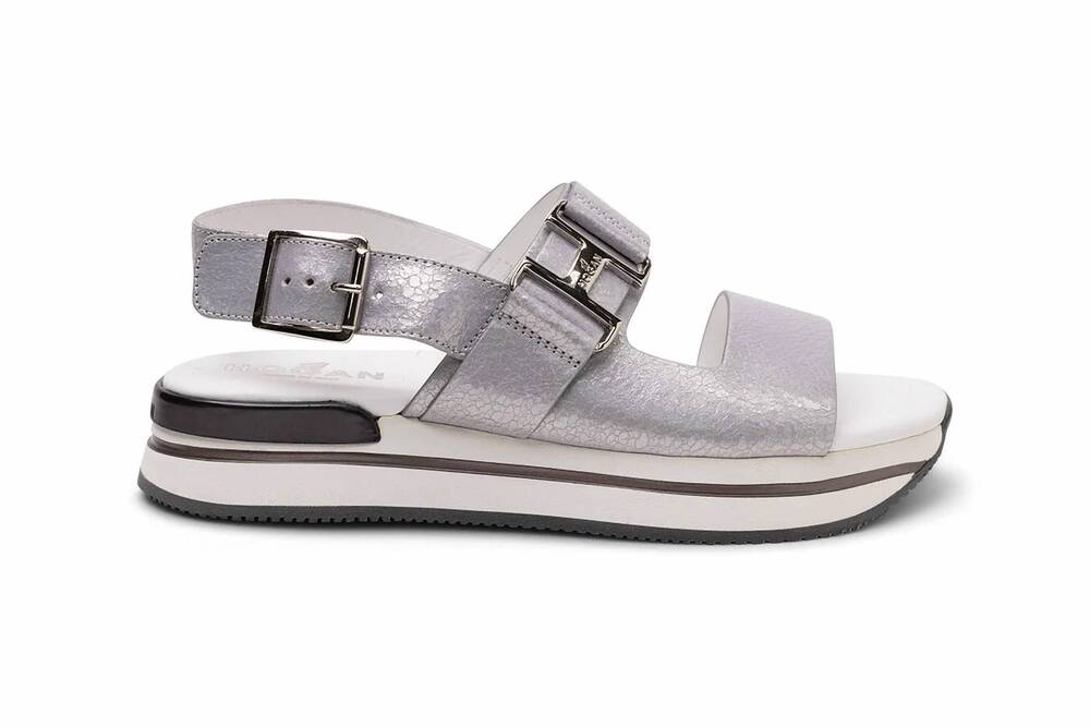 NEW HOGAN women's h257 leather sandals in silver